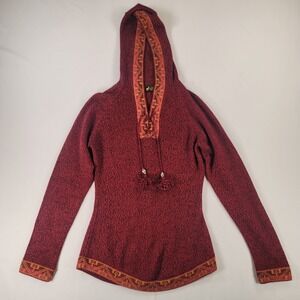 Alpaca Fina Peru Hooded Knit Sweater Women's Small Red Boho Fair Trade